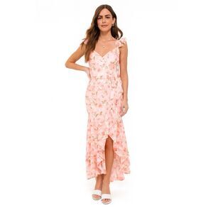 Lulus Darling Glow Dress Women's M Peach Pink Floral Maxi Ruffled Hi Lo NWOT